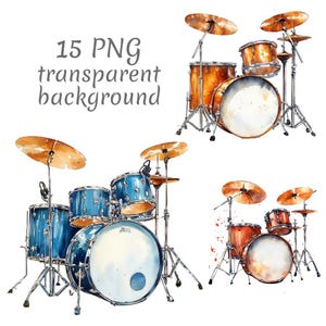 15 Drum Set Watercolor Clipart PNG, Digital Download, Junk Journals, Transparent Background High Quality Paper Craft