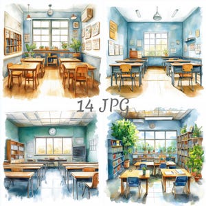 May include: Watercolor illustrations of classrooms with desks, chairs, and bookshelves. The rooms have large windows, plants, and clocks. The text "14 JPG" is in the center of the image.