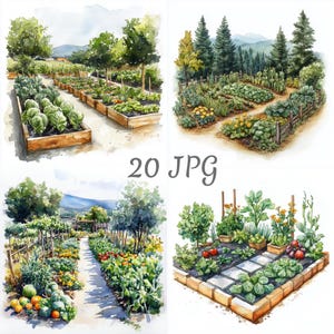 Puede incluir: Ilustraciones en acuarela de varias escenas de jardín. Las imágenes representan parterres elevados llenos de verduras y flores, senderos y árboles circundantes. El estilo es suave y acogedor, con un enfoque en la belleza natural y el cultivo de plantas.