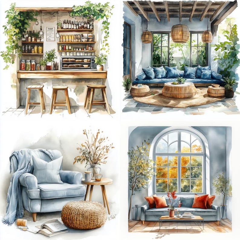 16 Cozy Interior Watercolor Clipart Set JPG, Digital Download, Junk ...