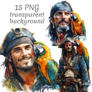 15 Pirate with parrot Watercolor Clipart PNG, Digital Download, Junk Journals, Transparent Background, High Quality, Paper Craft Card Making
