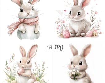16 cute easter bunny clipart JPG. Little rabbit clipart, Digital Download, junk journals, paper craft, watercolor, Card Making, Clip Art