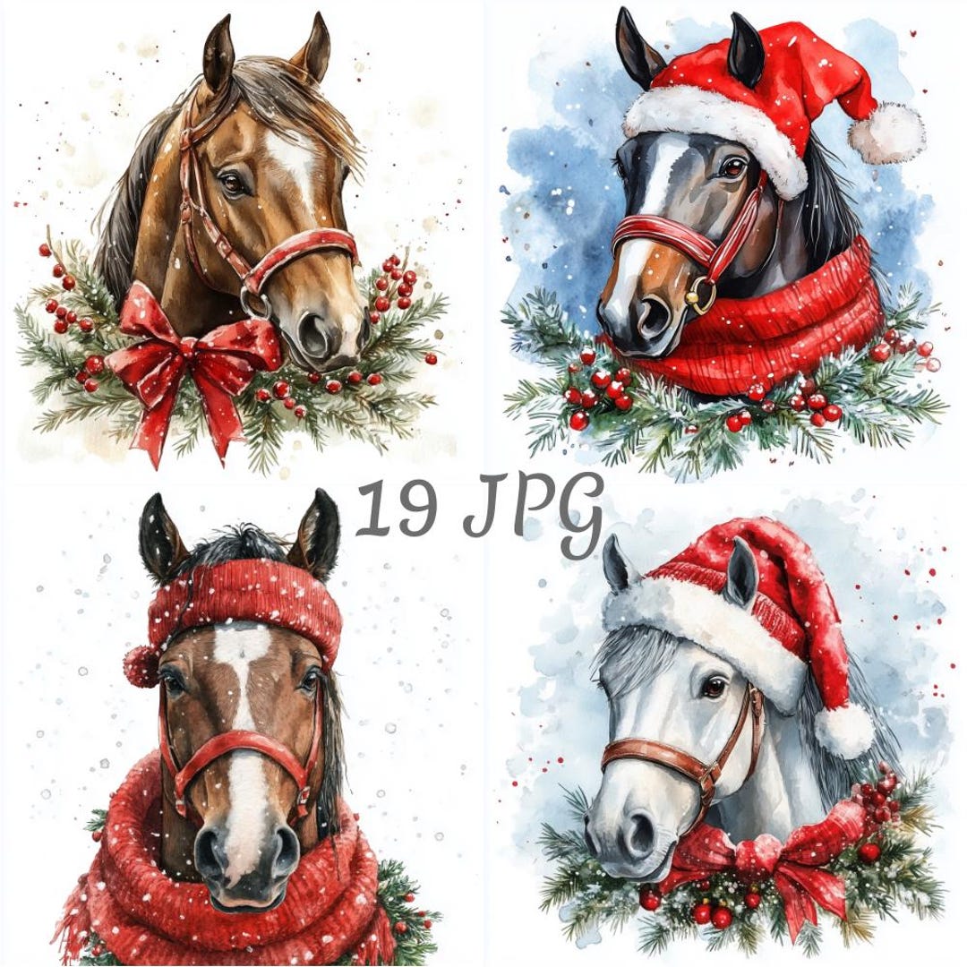 19 Christmas Horse Watercolor Clipart JPG, Digital Download, Junk ...