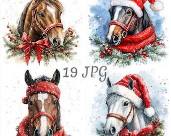 19 Świąteczny koń, akwarela, clipart JPG, pobieranie cyfrowe, dzienniki śmieci, rękodzieło papierowe, tworzenie kartek, grafika wektorowa, scrapbooking