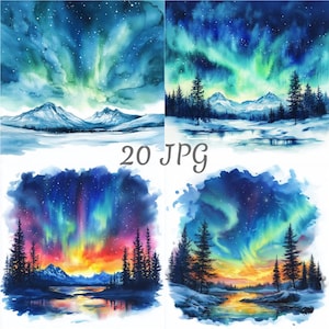 20 Northern lights watercolor clipart JPG, Digital Download, Junk Journals, Paper Craft, Watercolor, Card Making, Clip Art, Scrapbooking
