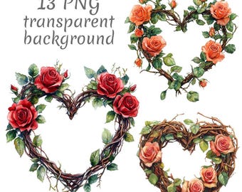 13 Romantic Rose Heart Watercolor Clipart PNG. Digital Download junk journals, transparent background, scrapbooking, Card Making