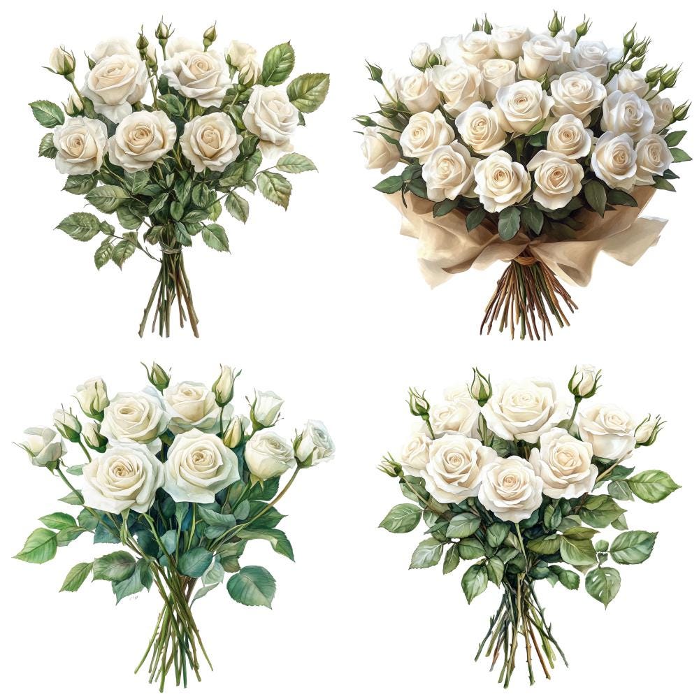 20 White Rose Bouquet Watercolor Clipart PNG. Digital Download, Junk ...
