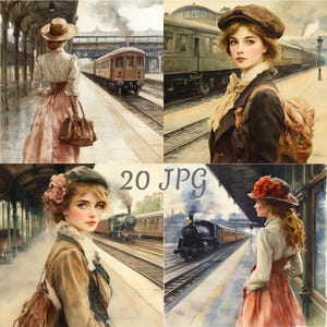 20 Mädchen am Bahnhof Vintage Clipart JPG, Digital Download, Junk Journals, Papierhandwerk, Aquarell, Kartenherstellung, Scrapbooking viktorianischen