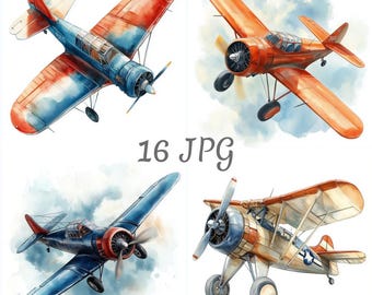 16 Retro airplane watercolor clipart JPG, Digital Download, Junk Journals, Paper Craft, Card Making, Clip Art, Scrapbooking