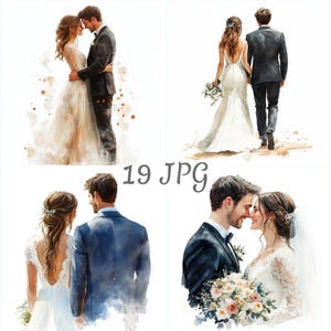 Könnte beinhalten: Aquarellillustrationen von Hochzeitspaaren in verschiedenen Posen. Die Bilder zeigen eine Braut und einen Bräutigam, die sich umarmen, gehen und sich ansehen. Der Text "19 JPG" ist im Bild sichtbar.