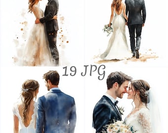 19 Bride and groom watercolor clipart JPG, Digital Download, Junk Journals, Paper Craft, Watercolor, Card Making, Scrapbooking