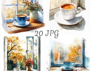 20 Coffee cup by the window watercolor clipart JPG, Digital Download, Junk Journals, Paper Craft, Card Making, Clip Art, Scrapbooking