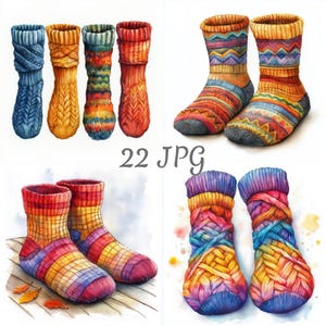 May include: A watercolour illustration of several pairs of knitted socks. The socks are in various colours, including blue, orange, red, and yellow, with different patterns. The text "22 JPG" is visible.