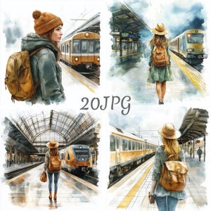 以下が含まれることがあります： 駅の旅行者をフィーチャーした水彩画のアートプリント。各プリントには、バックパックを背負い、電車を待ったり、電車の近くを歩いたりする人が描かれています。プリントは、オレンジと黄色の色合いの電車を使用した、暖色系のカラーパレットです。