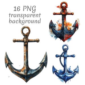 16 Nautical anchor watercolor clipart PNG. Digital Download, junk journals, transparent background high quality scrapbooking Card Making