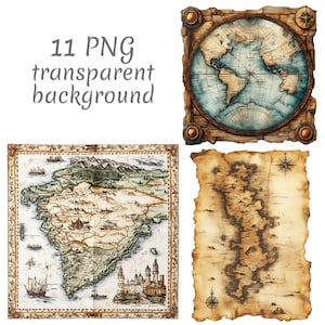 11 Antique Map Watercolor Clipart PNG, Digital Download, Junk Journals, Transparent Background, High Quality, Paper Craft, Card Making