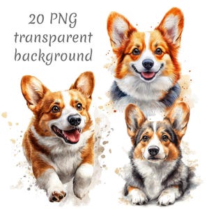Könnte beinhalten: Drei Aquarellbilder von Pembroke Welsh Corgis. Der erste Corgi schaut direkt auf den Betrachter mit offenem Maul und lächelt. Der zweite Corgi rennt auf den Betrachter zu. Der dritte Corgi liegt mit erhobenem Kopf da und schaut den Betrachter an.