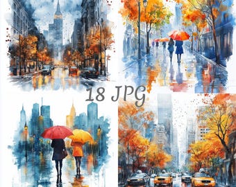 Op de afbeelding: Aquarel schilderijen van New York City in de herfst. De afbeeldingen tonen regenachtige straten met kleurrijke bomen, paraplu's en gele taxi's. De tekst "18 JPG" is zichtbaar in het midden van de afbeelding.