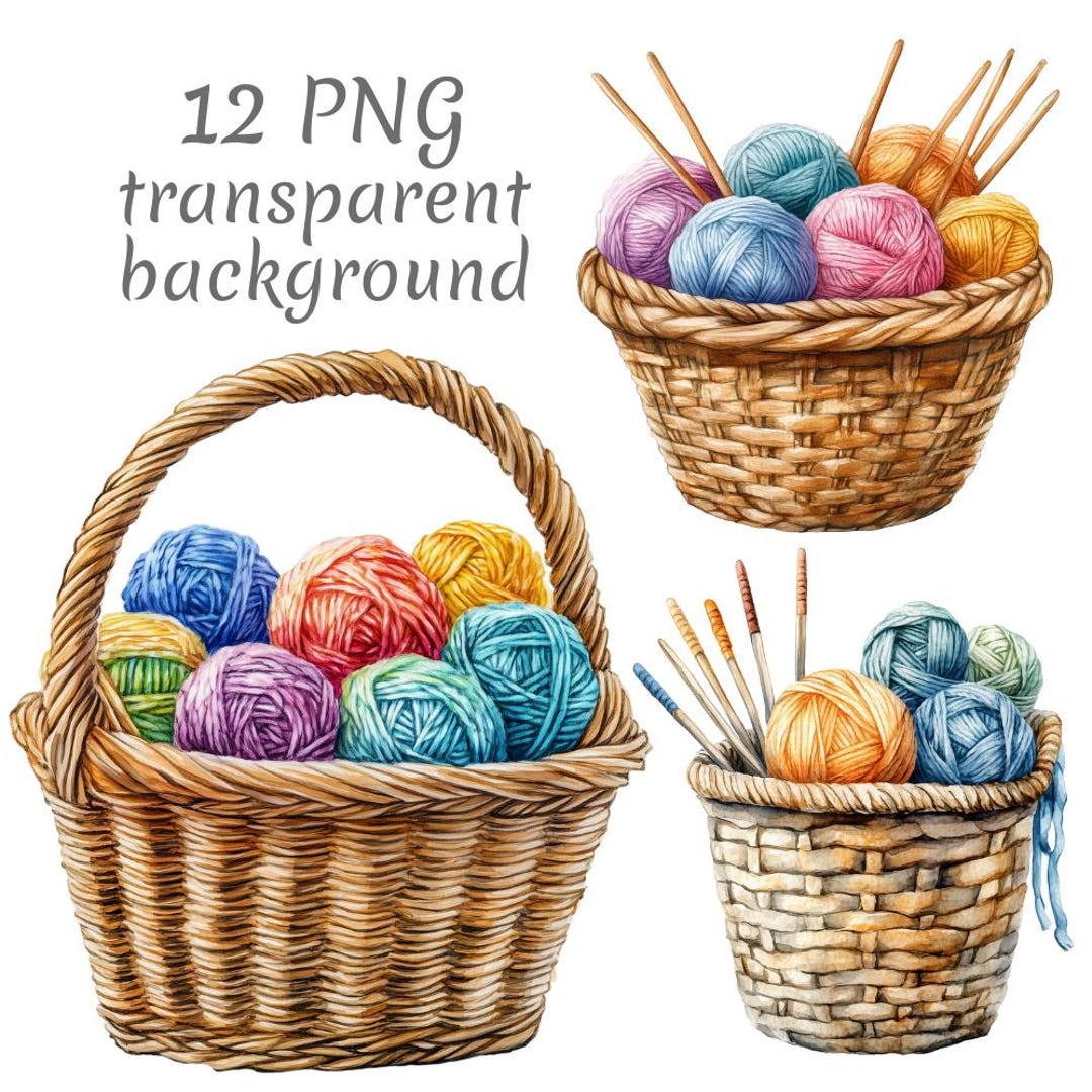 12 Watercolor Yarn Basket Clipart PNG – Cozy Knitting & Crochet ...