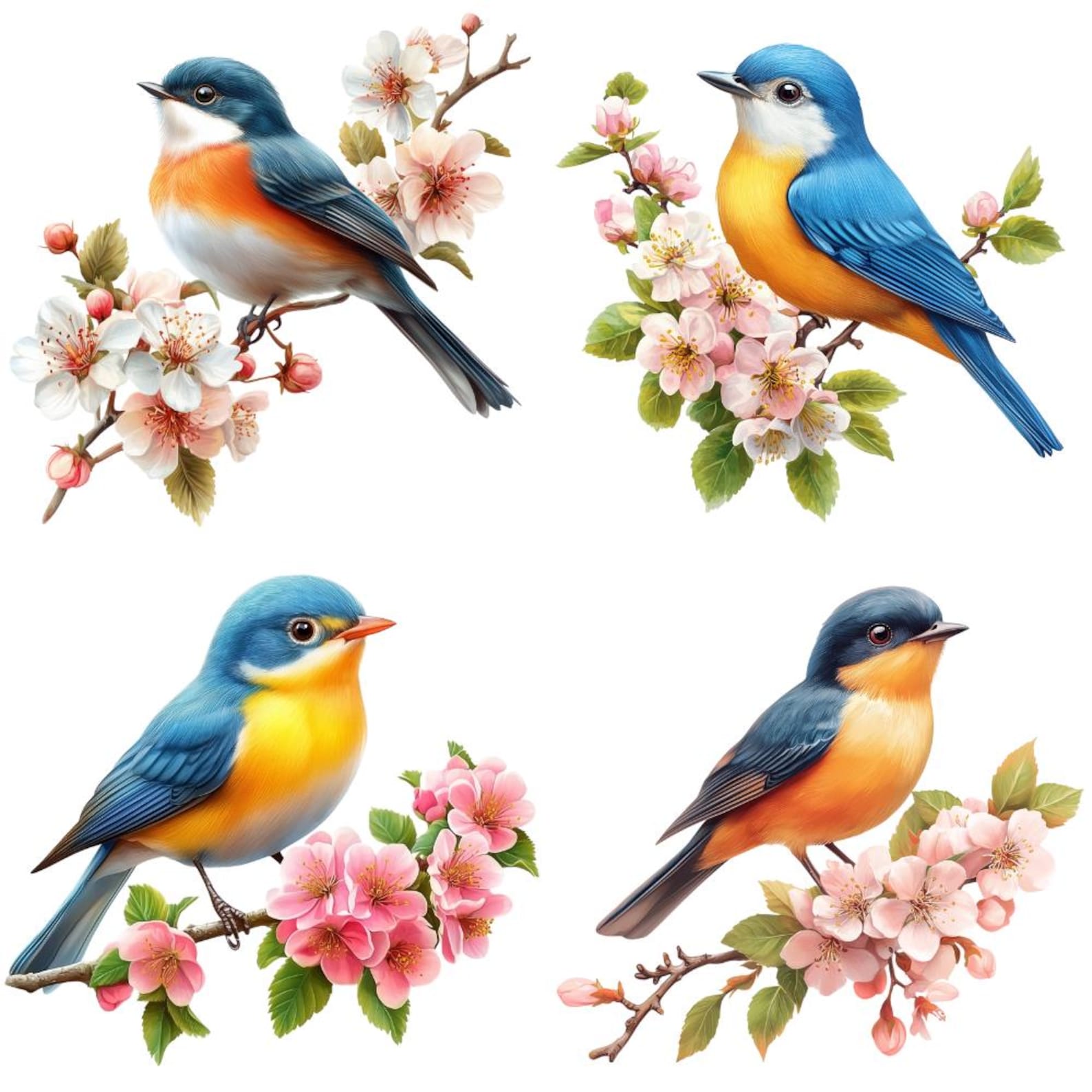 20 Realistic Spring Bird on Blossom Branch Clipart PNG, Digital ...