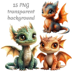 15 Cute Little Dragon Clipart PNG. Cartoon dragon, Digital Download, junk journals, transparent background, Digital Paper Craft