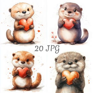 Könnte beinhalten: Vier Aquarellillustrationen von entzückenden Ottern, die rote und orangefarbene herzförmige Objekte halten. Die Otter haben verschiedene Brauntöne und graues Fell mit niedlichen Gesichtsausdrücken. Der Text "20 JPG" befindet sich in der Mitte des Bildes.