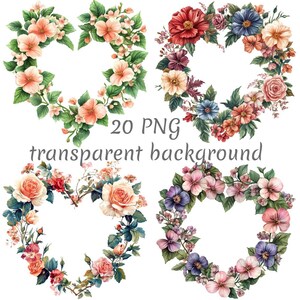 20 Flower heart wreath Clipart PNG. Digital Download junk journals, transparent background, high quality scrapbooking Card Making