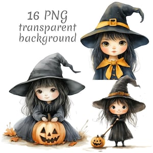 16 lindas brujas de Halloween en acuarela, imágenes prediseñadas PNG, descarga digital, diarios basura, fondo transparente, alta calidad, scrapbooking