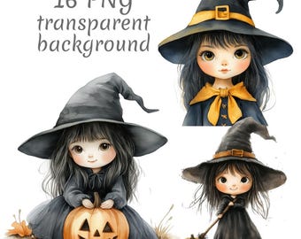 16 Cute Halloween Witch Girl Watercolor Clipart PNG, Digital Download, junk journals, transparent background, high quality, scrapbooking