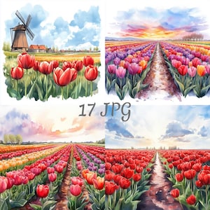 17 Tulip field watercolor clipart JPG, Digital Download, Junk Journals, Paper Craft, Watercolor, Card Making, Scrapbooking
