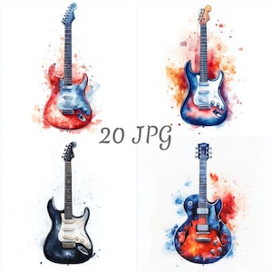Könnte beinhalten: Vier elektrische Gitarren im Aquarellstil in Rot, Blau und Schwarz. Jede Gitarre hat ein einzigartiges Design mit Farbspritzern um sie herum. Der Text "20 JPG" befindet sich in der Mitte des Bildes.