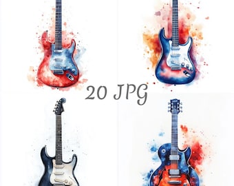 20 Electric Guitar Watercolor Clipart Set JPG, Digital Download, Junk Journals, Paper Craft, Watercolor, Card Making, Scrapbooking