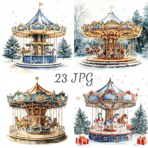 Peut inclure: Illustrations à l'aquarelle de manèges dans un cadre hivernal. Chaque manège présente des chevaux détaillés, des lumières festives et une palette de couleurs bleue et dorée. L'image comprend le texte "23 JPG".