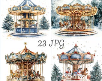 23 Christmas carousel watercolor clipart JPG, Digital Download, Junk Journals, Paper Craft, Card Making, Clip Art, Scrapbooking