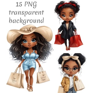 15 Black Afro Girl Shopping Clipart PNG, Digital Download, Junk Journals, Transparent Background, Paper Craft, Card Making