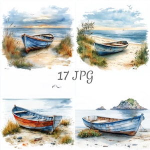 Pode incluir: Quatro aquarelas de barcos numa praia. Os barcos são de diferentes cores e tamanhos. As pinturas são todas sobre um fundo de céu azul e oceano.