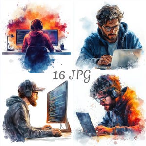 Puede incluir: Ilustraciones en acuarela de personas trabajando en computadoras. Una persona usa auriculares y mira una pantalla de computadora. Otra usa una computadora portátil. El texto "16 JPG" está en el centro de la imagen.