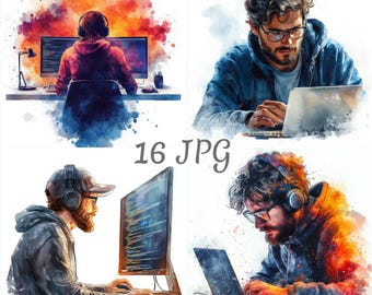 16 Programmer watercolor clipart JPG, Digital Download, Junk Journals, Paper Craft, Watercolor, Card Making, Scrapbooking