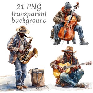 Può includere: Illustrazioni ad acquerello di musicisti di strada. Uno suona il sassofono, un altro il violoncello e un terzo la chitarra. L'immagine include il testo "21 PNG transparent background". I musicisti sono vestiti con abiti casual.