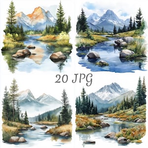 20 Berge mit Fluss Landschaft Aquarell Clipart JPG, Digital Download, Junk Journals, Papiermodelle, Kartenherstellung, Clip Art, Scrapbooking