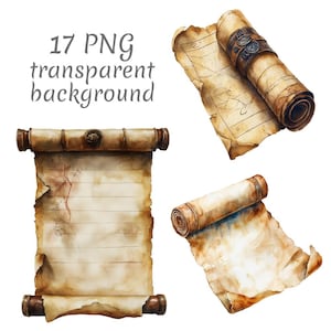 May include: Watercolor illustration of three antique parchment scrolls with a transparent background. The scrolls are aged with brown and tan tones, and some are partially unrolled, revealing maps and text. The image includes the text "17 PNG transparent background."