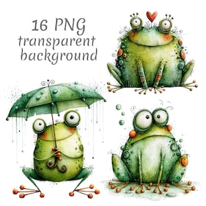 Può includere: Un set di illustrazioni digitali raffigurante tre rane verdi con occhi grandi e pelle ruvida. Una rana tiene un ombrello verde, un'altra ha un cuore rosso sulla testa e la terza è seduta da sola. Il testo 16 PNG transparent background è visibile.