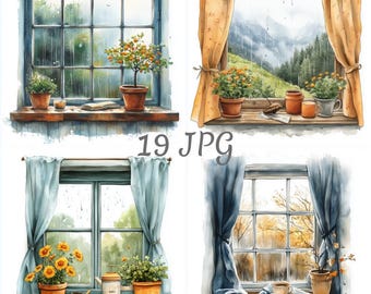 19 Rainy Window Watercolor Clipart Set JPG, Digital Download, Junk Journals, Paper Craft, Watercolor, Card Making, Scrapbooking