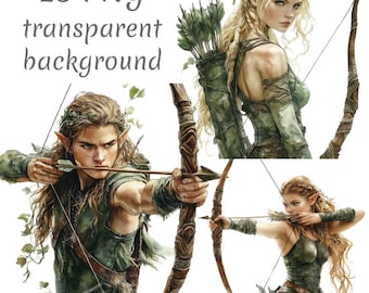 18 Fantasy Woodland Elf Archer clipart PNG, Digital Download, Junk Journals, Paper Craft, Watercolor, Card Making, Clip Art, scrapbooking