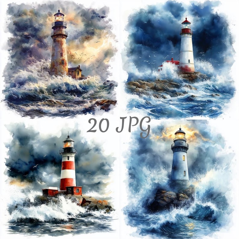 20 Lighthouse in Storm Watercolor Clipart JPG, Digital Download, Junk ...