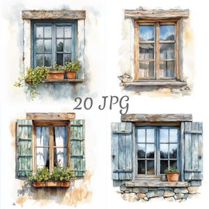 Puede incluir: Ilustraciones en acuarela de ventanas rústicas con contraventanas y jardineras. Las ventanas están pintadas en tonos azules, marrones y verdes, sobre una pared blanca. El texto "20 JPG" es visible.