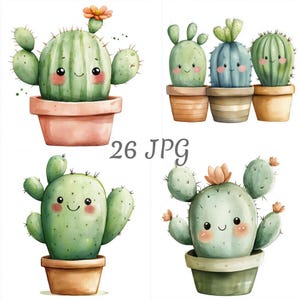 Può includere: Illustrazioni ad acquerello di cactus sorridenti in vasi di terracotta. I cactus sono di varie tonalità di verde con piccoli fiori e facce sorridenti. Il testo "26 JPG" è al centro dell'immagine.