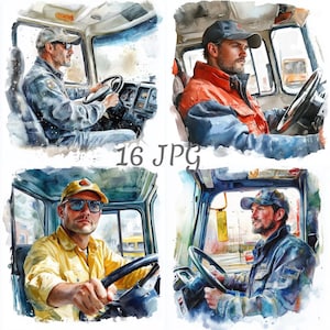 May include: Watercolour illustrations of truck drivers in their cabs. Each image shows a driver behind the wheel, wearing work attire and a hat. The images are in a square format, with the text "16 JPG" at the bottom.
