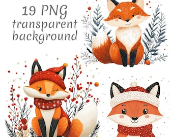 May include: A collection of three illustrations of cartoon foxes in winter attire. The foxes are orange and white with black accents, wearing hats and scarves. The text "19 PNG transparent background" is at the top left.