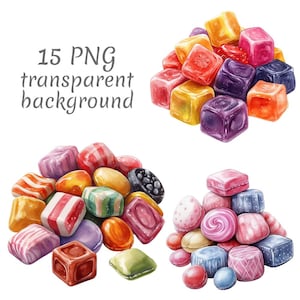 Peut inclure: Illustration à l'aquarelle de divers bonbons de différentes formes et couleurs. L'image comprend une variété de sucreries, telles que des bonbons durs, des bonbons gélifiés et d'autres friandises. Le texte "15 PNG transparent background" est également inclus.